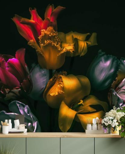 dark floral wallpaper mural called Exotic Blooms for bedrooms and living rooms