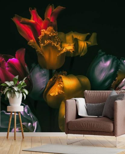 mörk blommig tapetväggmålning kallad Exotic Blooms för sovrum och vardagsrum mörk blommig tapetväggmålning kallad Exotic Blooms för sovrum och vardagsrum