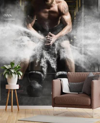 Muscular man workout with kettlebell at gym wallpaper