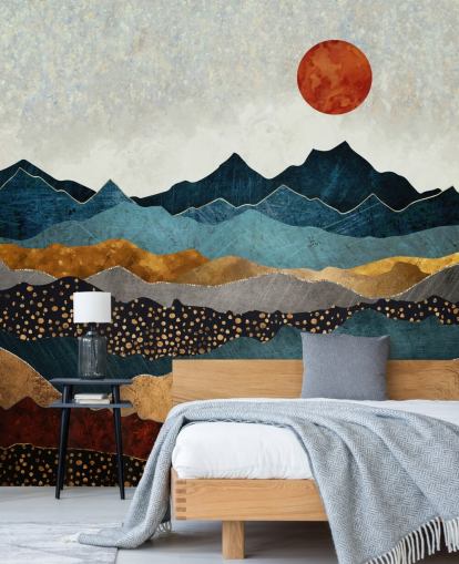blue, gold and red customizable abstract wallpaper mural called Amber Dusk by SpaceFrog Designs for bedrooms, bathrooms and living rooms