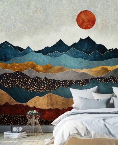 papier peint mural abstrait personnalisable bleu, doré et rouge appelé Amber Dusk par SpaceFrog Designs pour les chambres, les salles de bain et les salons
