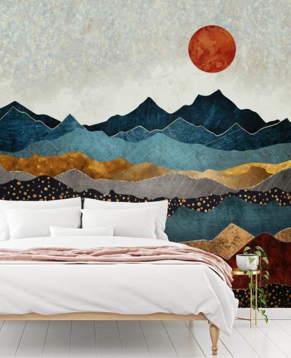 blauwe, gouden en rode aanpasbare abstracte behangmuurschildering genaamd Amber Dusk van SpaceFrog Designs voor slaapkamers, badkamers en woonkamers