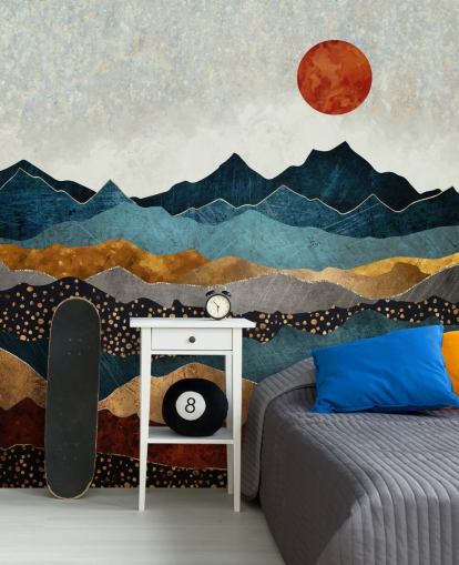 mural de papel pintado abstracto personalizable azul, dorado y rojo llamado Amber Dusk de SpaceFrog Designs para dormitorios, baños y salas de estar mural de papel pintado abstracto personalizable azul, dorado y rojo llamado Amber Dusk de SpaceFrog Designs para dormitorios, baños y salas de estar