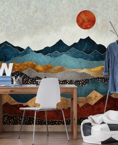 papier peint mural abstrait personnalisable bleu, doré et rouge appelé Amber Dusk par SpaceFrog Designs pour les chambres, les salles de bain et les salons