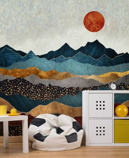 blå, guld og rød tilpasselig abstrakt tapetmaleri kaldet Amber Dusk af SpaceFrog Design til soveværelser, badeværelser og stuer