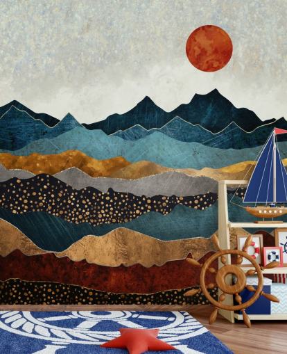 blue, gold and red customisable abstract wallpaper mural called Amber Dusk by SpaceFrog Designs for bedrooms, bathrooms and living rooms