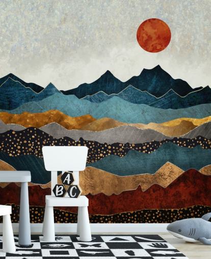 blått, gull og rødt tilpassbart abstrakt tapetmaleri kalt Amber Dusk av SpaceFrog Design for soverom, bad og stuer