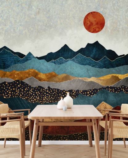 mural de papel pintado abstracto personalizable azul, dorado y rojo llamado Amber Dusk de SpaceFrog Designs para dormitorios, baños y salas de estar