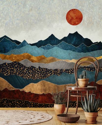 blue, gold and red customisable abstract wallpaper mural called Amber Dusk by SpaceFrog Designs for bedrooms, bathrooms and living rooms