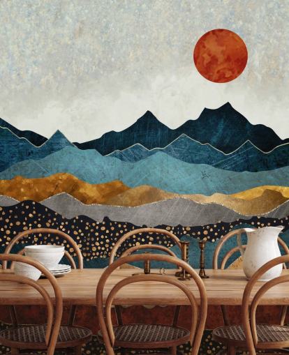 papier peint mural abstrait personnalisable bleu, doré et rouge appelé Amber Dusk par SpaceFrog Designs pour les chambres, les salles de bain et les salons