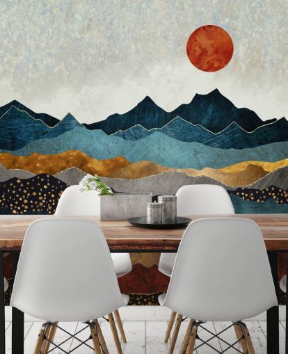 Personalisierbares abstraktes Tapeten-Wandbild in Blau, Gold und Rot namens Amber Dusk von SpaceFrog Designs für Schlafzimmer, Badezimmer und Wohnzimmer Personalisierbares abstraktes Tapeten-Wandbild in Blau, Gold und Rot namens Amber Dusk von SpaceFrog Designs für Schlafzimmer, Badezimmer und Wohnzimmer