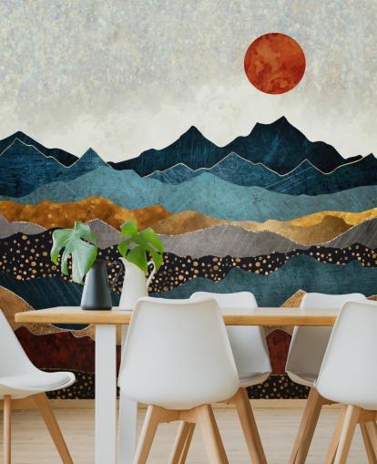 sininen, kulta ja punainen muokattava abstrakti taustakuvamaalaus nimeltä Amber Dusk by SpaceFrog Designs makuuhuoneisiin, kylpyhuoneisiin ja olohuoneisiin