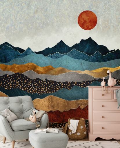 mural de papel de parede abstrato personalizável azul, dourado e vermelho chamado Amber Dusk da SpaceFrog Designs para quartos, banheiros e salas de estar mural de papel de parede abstrato personalizável azul, dourado e vermelho chamado Amber Dusk da SpaceFrog Designs para quartos, banheiros e salas de estar