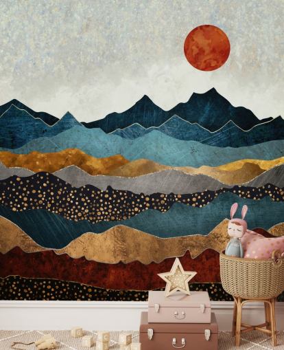 blauwe, gouden en rode aanpasbare abstracte behangmuurschildering genaamd Amber Dusk van SpaceFrog Designs voor slaapkamers, badkamers en woonkamers