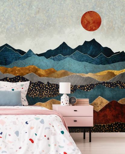 blue, gold and red customisable abstract wallpaper mural called Amber Dusk by SpaceFrog Designs for bedrooms, bathrooms and living rooms