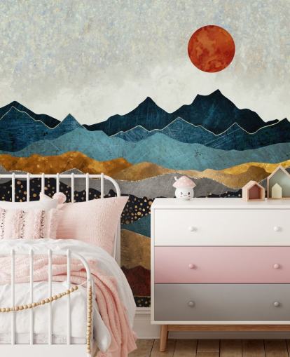 blå, guld och röd anpassningsbar abstrakt tapetväggmålning som heter Amber Dusk av SpaceFrog Design för sovrum, badrum och vardagsrum