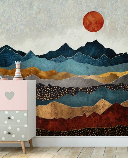 carta da parati astratta personalizzabile blu, oro e rossa chiamata Amber Dusk di SpaceFrog Designs per camere da letto, bagni e salotti