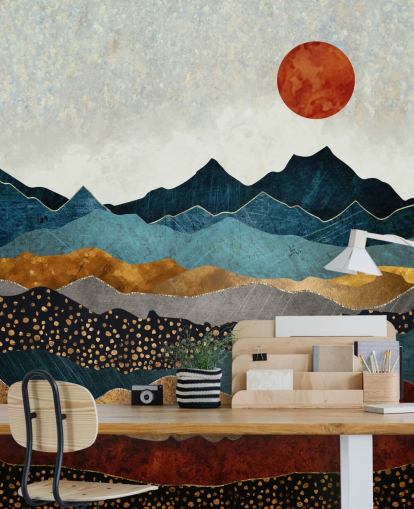 blått, gull og rødt tilpassbart abstrakt tapetmaleri kalt Amber Dusk av SpaceFrog Design for soverom, bad og stuer