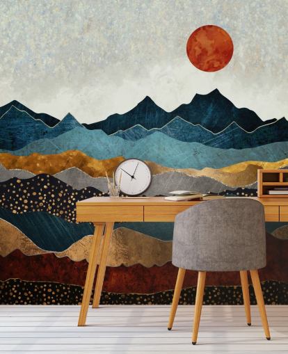 blue, gold and red customisable abstract wallpaper mural called Amber Dusk by SpaceFrog Designs for bedrooms, bathrooms and living rooms