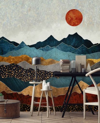 papier peint mural abstrait personnalisable bleu, doré et rouge appelé Amber Dusk par SpaceFrog Designs pour les chambres, les salles de bain et les salons