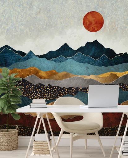 Personalisierbares abstraktes Tapeten-Wandbild in Blau, Gold und Rot namens Amber Dusk von SpaceFrog Designs für Schlafzimmer, Badezimmer und Wohnzimmer