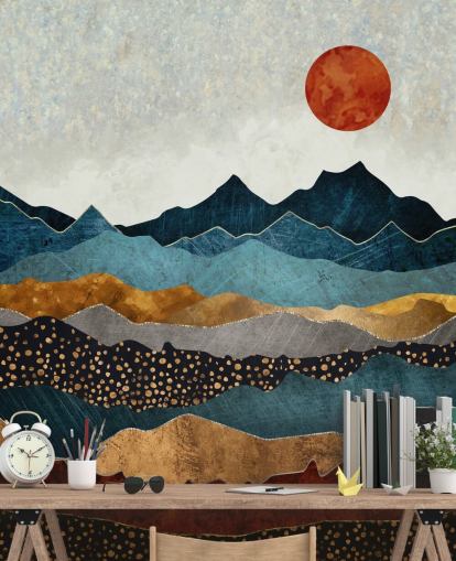 blå, guld og rød tilpasselig abstrakt tapetmaleri kaldet Amber Dusk af SpaceFrog Design til soveværelser, badeværelser og stuer