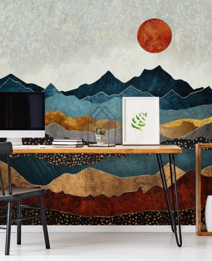 blå, guld og rød tilpasselig abstrakt tapetmaleri kaldet Amber Dusk af SpaceFrog Design til soveværelser, badeværelser og stuer