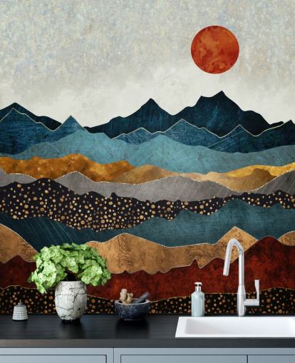 blue, gold and red customisable abstract wallpaper mural called Amber Dusk by SpaceFrog Designs for bedrooms, bathrooms and living rooms