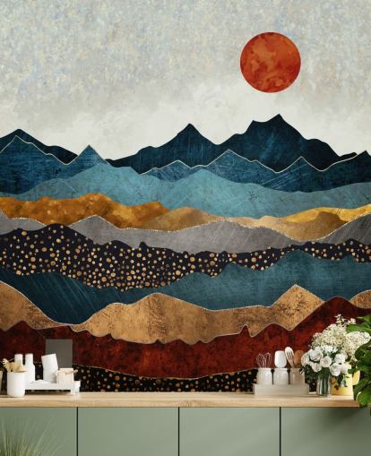 Personalisierbares abstraktes Tapeten-Wandbild in Blau, Gold und Rot namens Amber Dusk von SpaceFrog Designs für Schlafzimmer, Badezimmer und Wohnzimmer