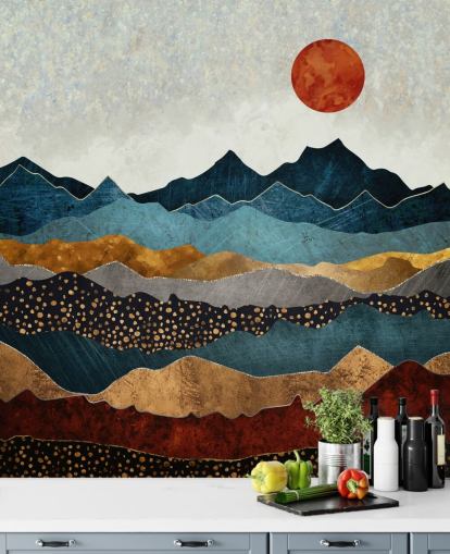 mural de papel pintado abstracto personalizable azul, dorado y rojo llamado Amber Dusk de SpaceFrog Designs para dormitorios, baños y salas de estar mural de papel pintado abstracto personalizable azul, dorado y rojo llamado Amber Dusk de SpaceFrog Designs para dormitorios, baños y salas de estar