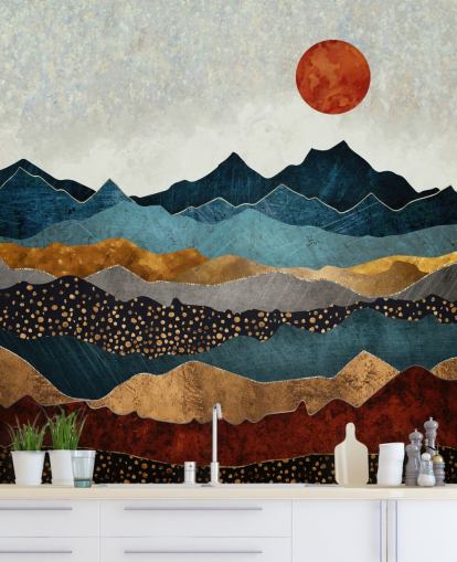 papier peint mural abstrait personnalisable bleu, doré et rouge appelé Amber Dusk par SpaceFrog Designs pour les chambres, les salles de bain et les salons