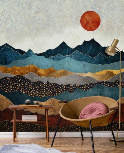 blå, guld og rød tilpasselig abstrakt tapetmaleri kaldet Amber Dusk af SpaceFrog Design til soveværelser, badeværelser og stuer