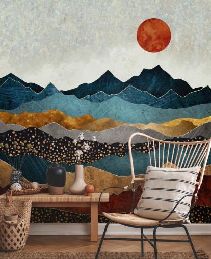 blått, gull og rødt tilpassbart abstrakt tapetmaleri kalt Amber Dusk av SpaceFrog Design for soverom, bad og stuer