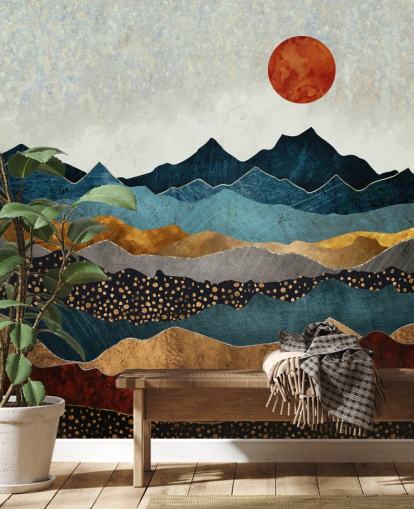 blå, guld och röd anpassningsbar abstrakt tapetväggmålning som heter Amber Dusk av SpaceFrog Design för sovrum, badrum och vardagsrum