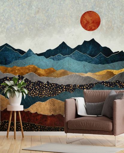 papier peint mural abstrait personnalisable bleu, doré et rouge appelé Amber Dusk par SpaceFrog Designs pour les chambres, les salles de bain et les salons papier peint mural abstrait personnalisable bleu, doré et rouge appelé Amber Dusk par SpaceFrog Designs pour les chambres, les salles de bain et les salons