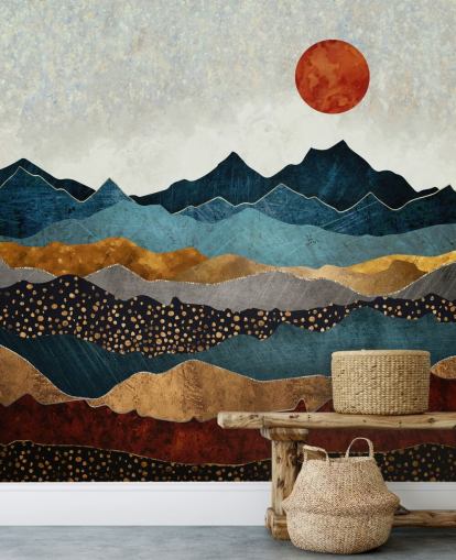 blå, guld og rød tilpasselig abstrakt tapetmaleri kaldet Amber Dusk af SpaceFrog Design til soveværelser, badeværelser og stuer