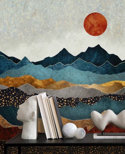 carta da parati astratta personalizzabile blu, oro e rossa chiamata Amber Dusk di SpaceFrog Designs per camere da letto, bagni e salotti
