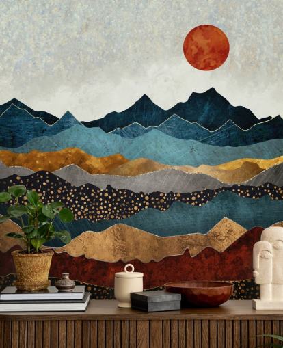 blå, guld og rød tilpasselig abstrakt tapetmaleri kaldet Amber Dusk af SpaceFrog Design til soveværelser, badeværelser og stuer