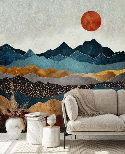 blue, gold and red customisable abstract wallpaper mural called Amber Dusk by SpaceFrog Designs for bedrooms, bathrooms and living rooms