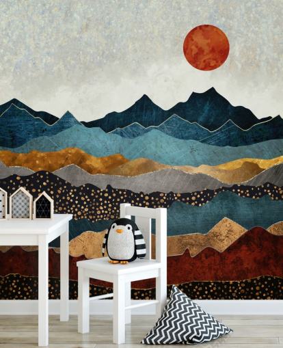 blue, gold and red customisable abstract wallpaper mural called Amber Dusk by SpaceFrog Designs for bedrooms, bathrooms and living rooms