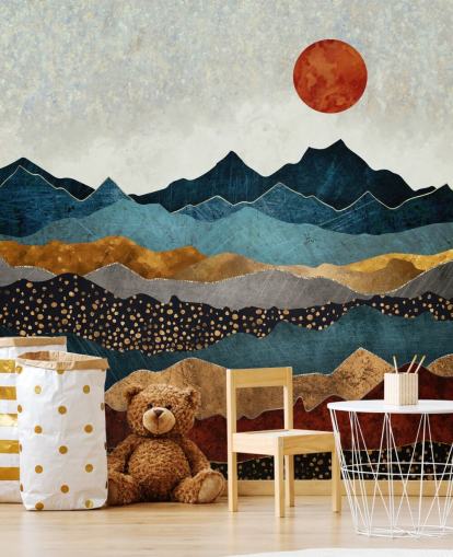 blue, gold and red customisable abstract wallpaper mural called Amber Dusk by SpaceFrog Designs for bedrooms, bathrooms and living rooms