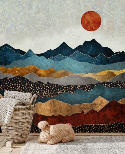 blue, gold and red customisable abstract wallpaper mural called Amber Dusk by SpaceFrog Designs for bedrooms, bathrooms and living rooms