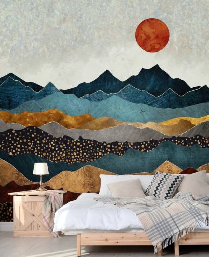 mural de papel pintado abstracto personalizable azul, dorado y rojo llamado Amber Dusk de SpaceFrog Designs para dormitorios, baños y salas de estar