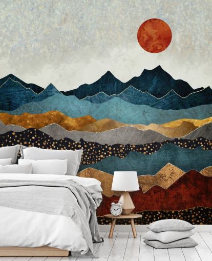papier peint mural abstrait personnalisable bleu, doré et rouge appelé Amber Dusk par SpaceFrog Designs pour les chambres, les salles de bain et les salons