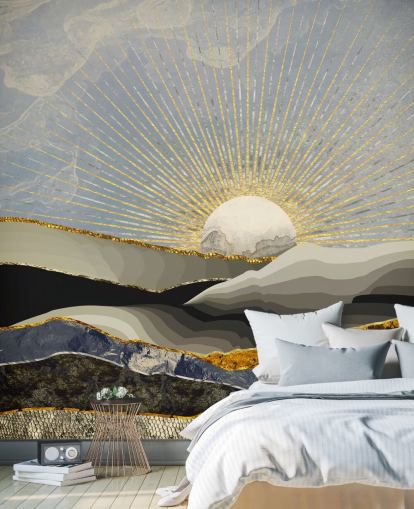 carta da parati astratta montagne e luna in colori metallizzati