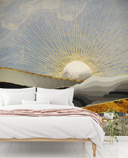 montanhas abstratas e lua em cores metálicas papel de parede