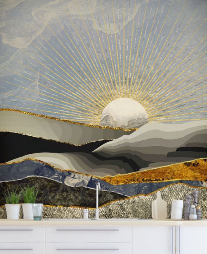 montanhas abstratas e lua em cores metálicas papel de parede