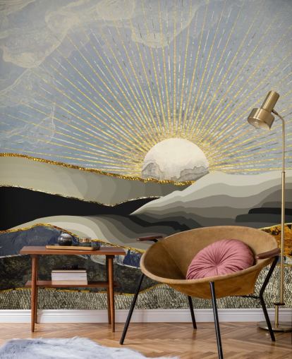 abstracte bergen en maan in metallic kleuren behang