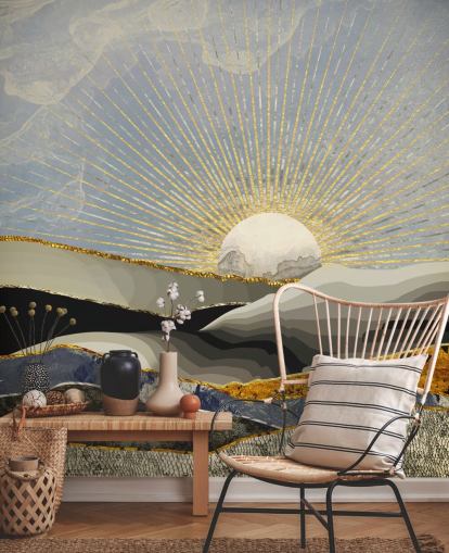 abstract mountains and moon in metallic colours wallpaper