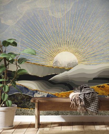 montanhas abstratas e lua em cores metálicas papel de parede